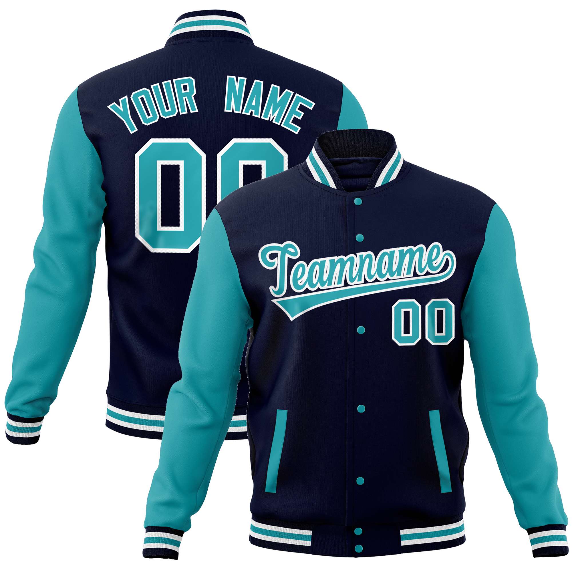 Custom Navy Aqua Varsity Full-Snap Raglan Sleeves Letterman Baseball Jacket