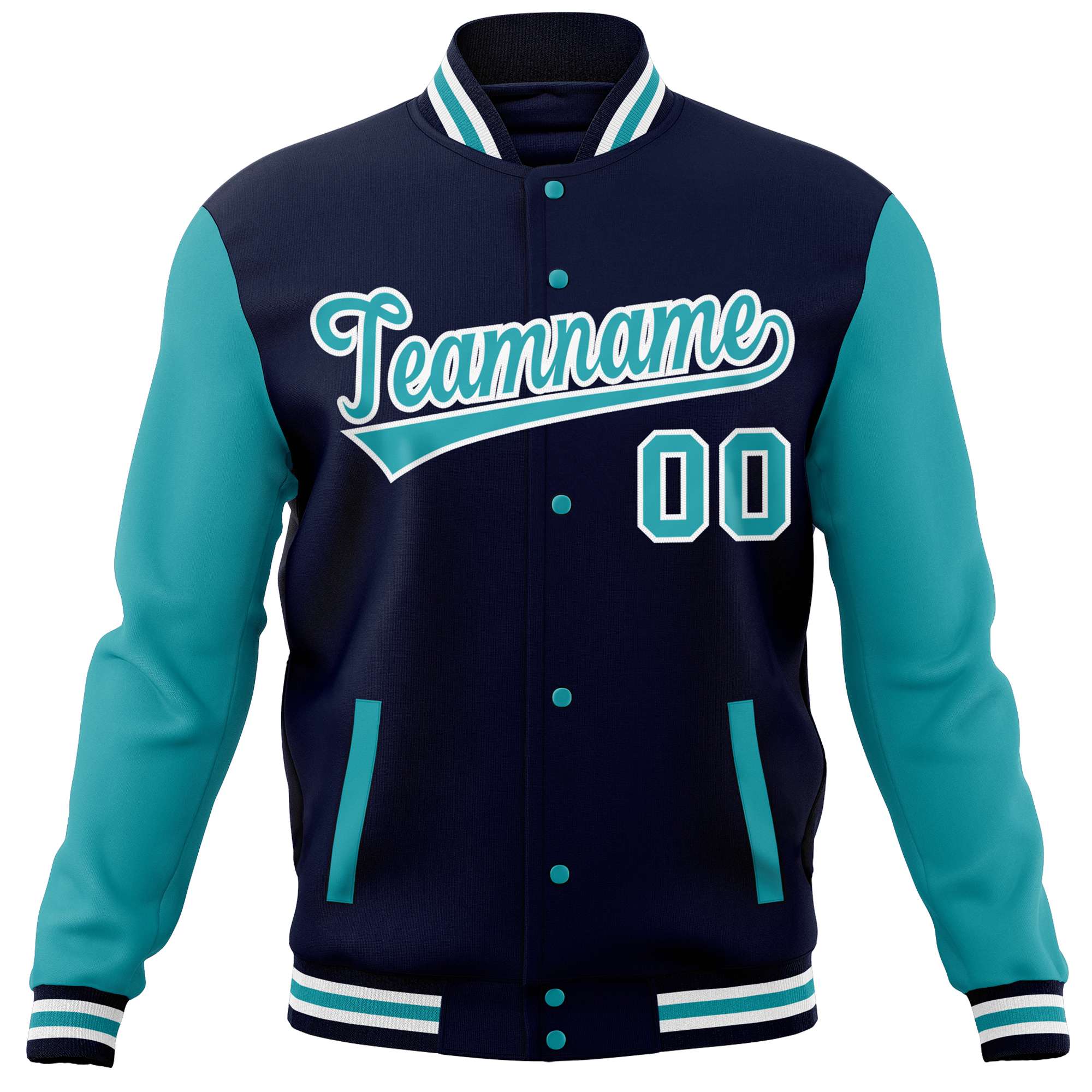 Custom Navy Aqua Varsity Full-Snap Raglan Sleeves Letterman Baseball Jacket