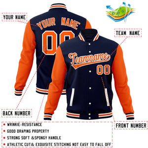 Custom Navy Orange Varsity Full-Snap Raglan Sleeves Letterman Baseball Jacket