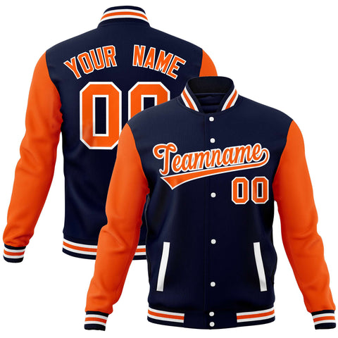 Custom Navy Orange Varsity Full-Snap Raglan Sleeves Letterman Baseball Jacket