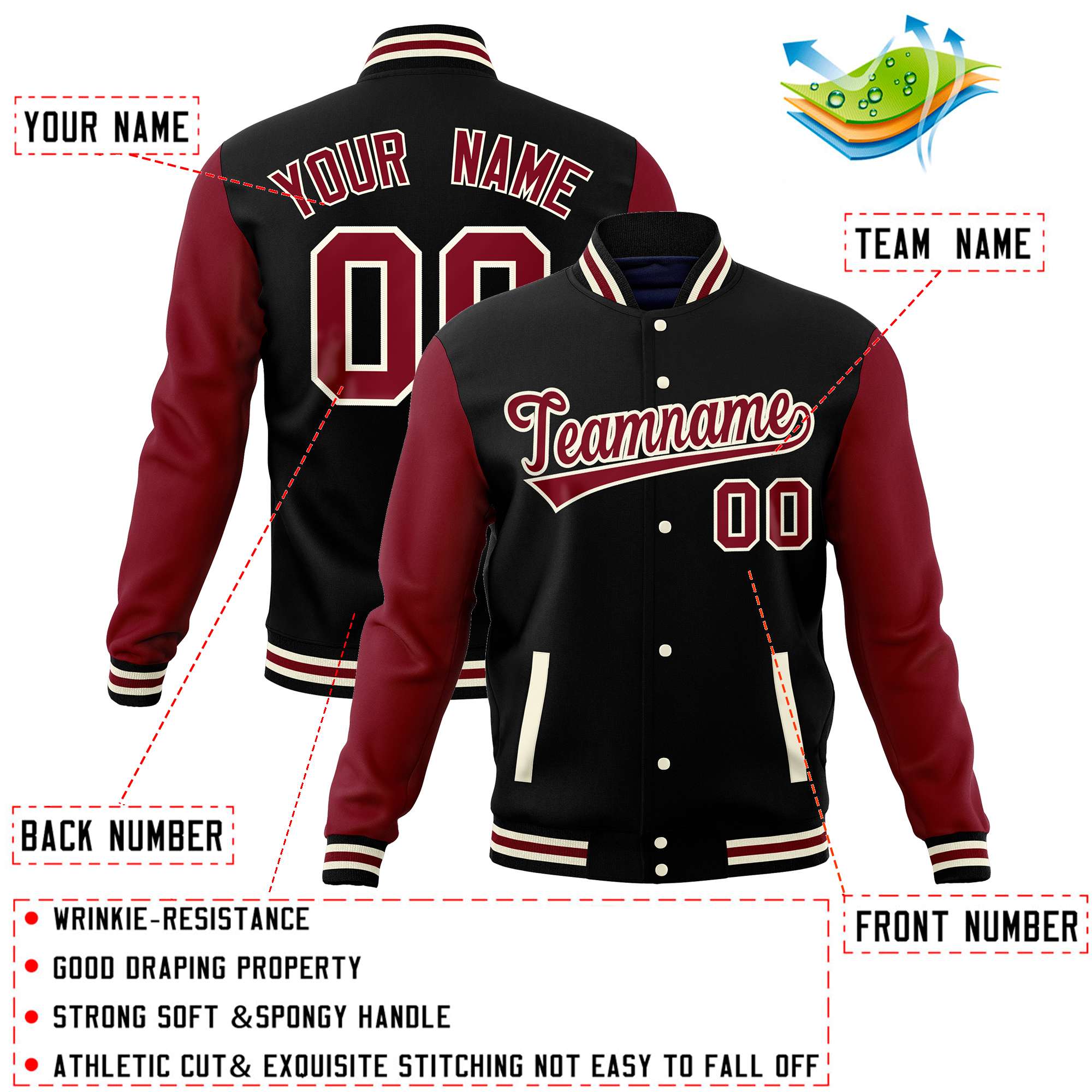 Custom Black Crimson Varsity Full-Snap Raglan Sleeves Letterman Baseball Jacket