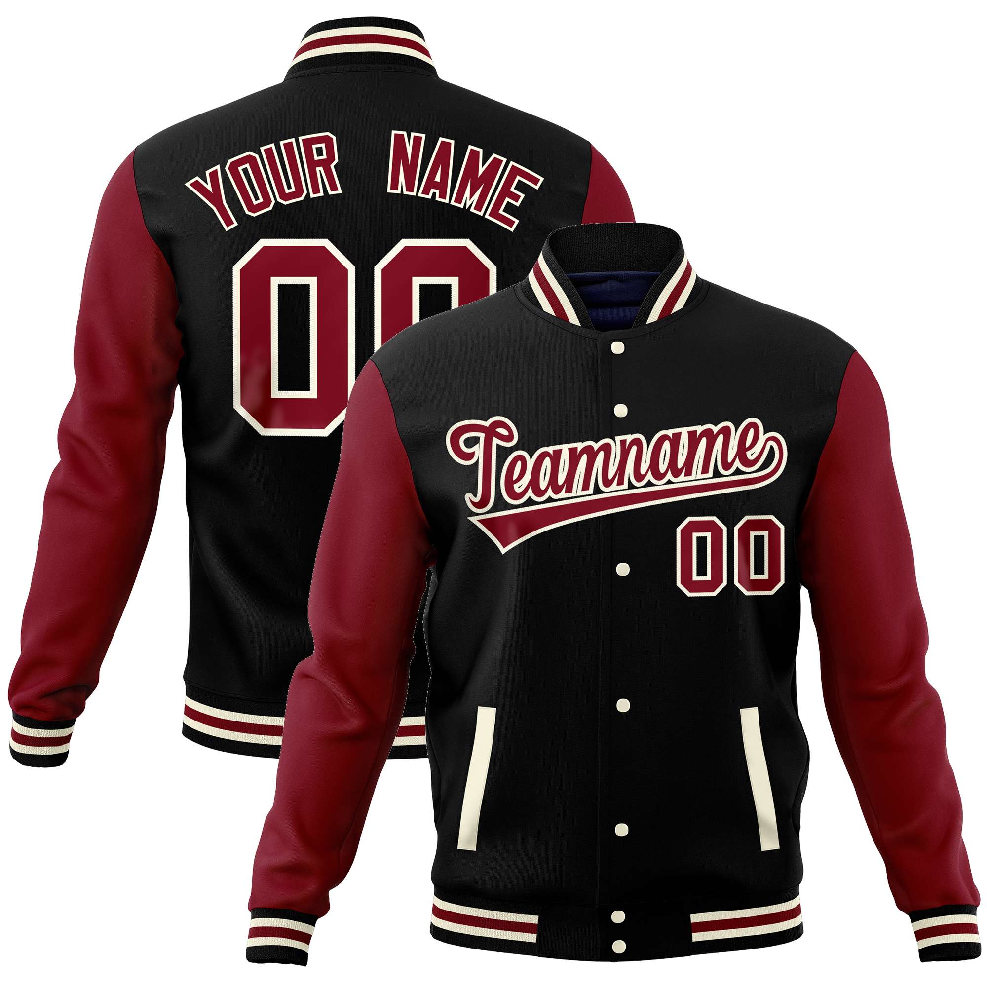 Custom Black Crimson Varsity Full-Snap Raglan Sleeves Letterman Baseball Jacket