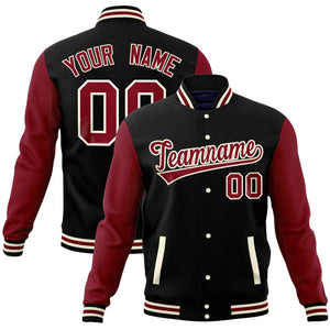 Custom Black Crimson Varsity Full-Snap Raglan Sleeves Letterman Baseball Jacket