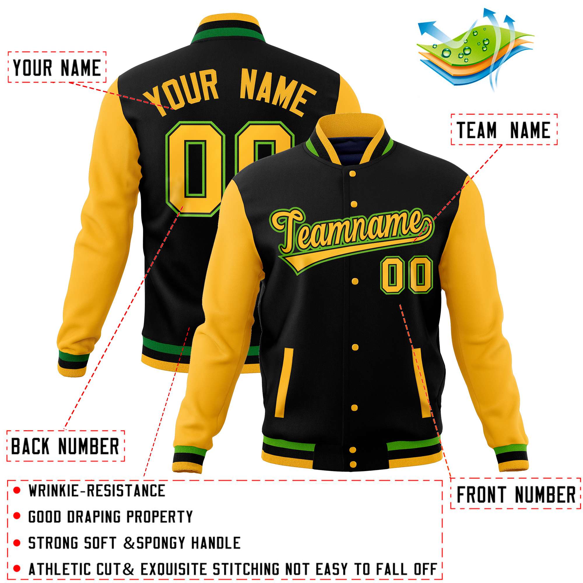 Custom Black Gold Varsity Full-Snap Raglan Sleeves Letterman Baseball Jacket