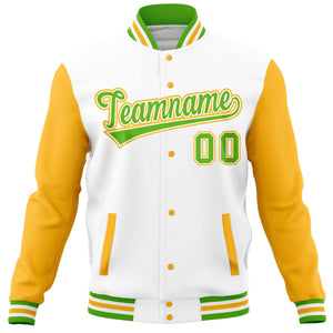 Custom White Gold Varsity Full-Snap Raglan Sleeves Letterman Baseball Jacket