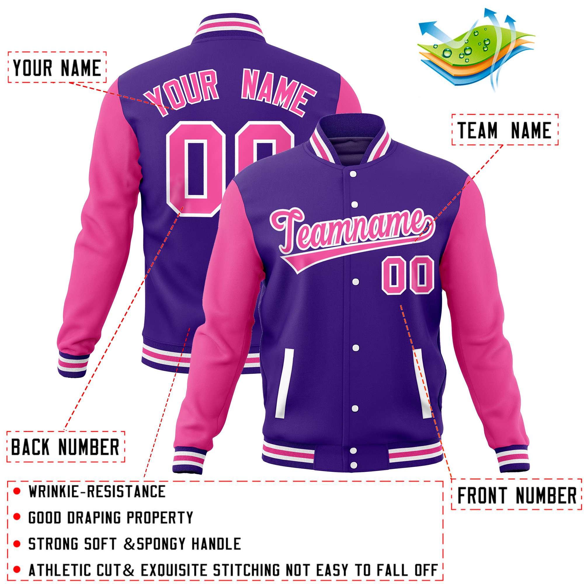 Custom Purple Pink Varsity Full-Snap Raglan Sleeves Letterman Baseball Jacket