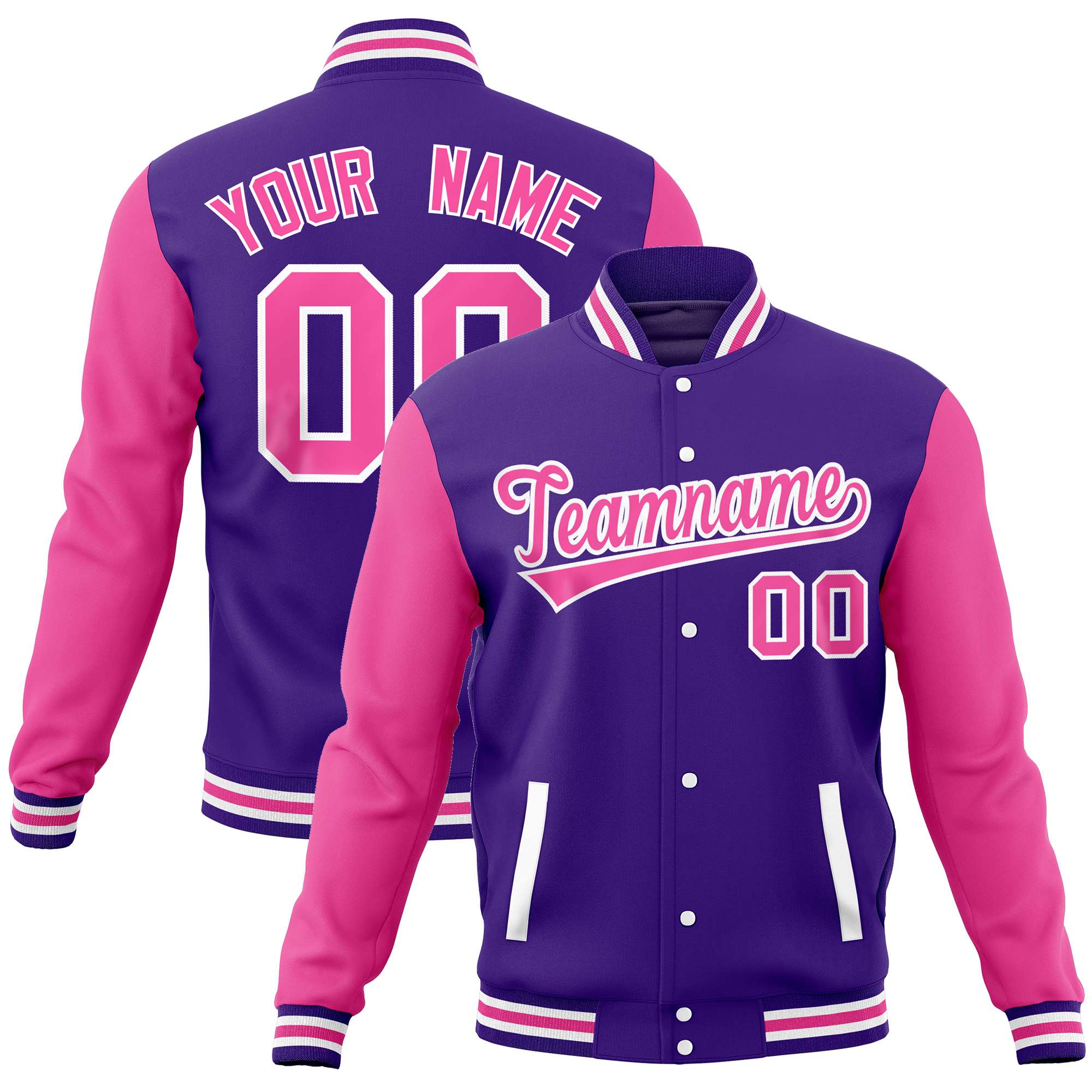 Custom Purple Pink Varsity Full-Snap Raglan Sleeves Letterman Baseball Jacket