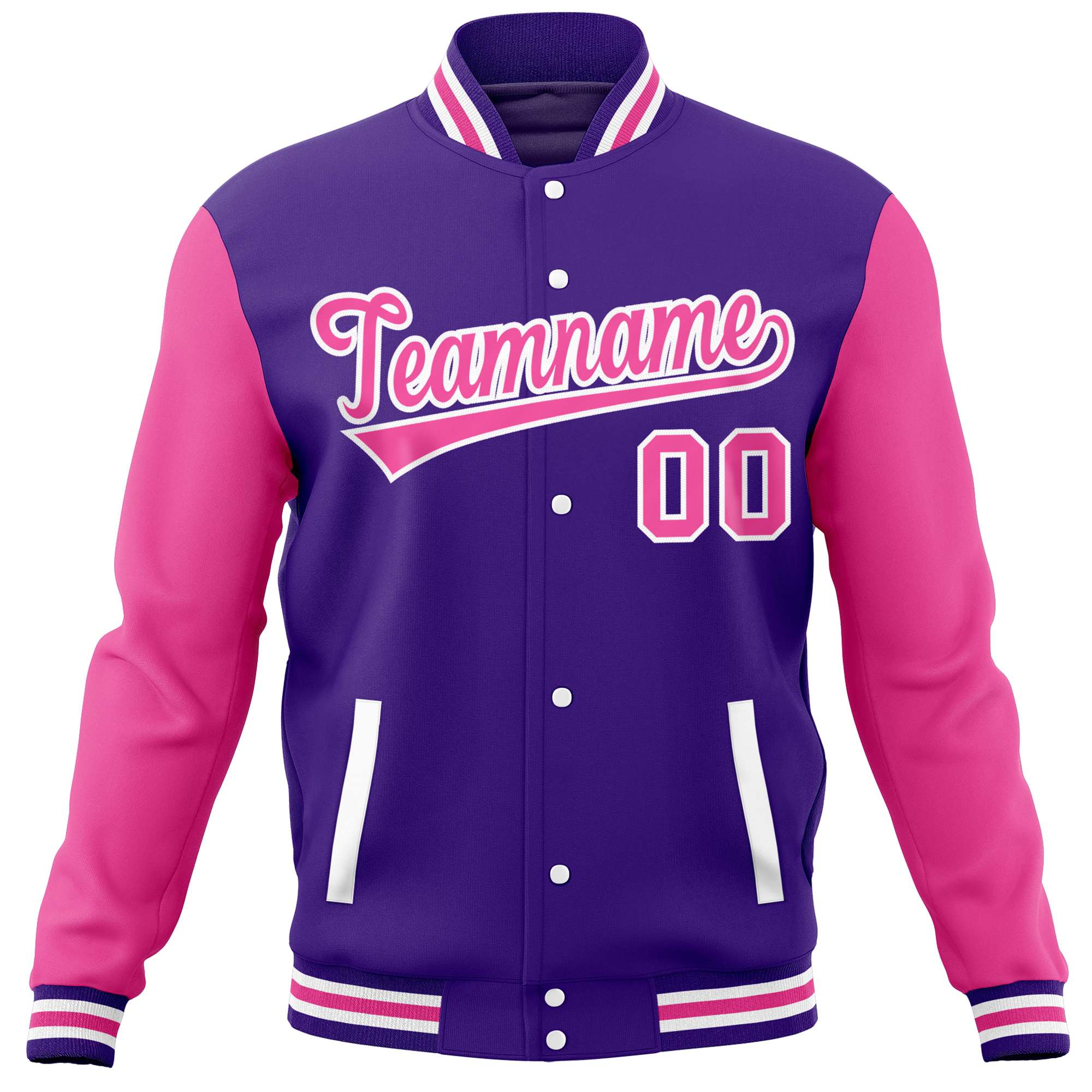 Custom Purple Pink Varsity Full-Snap Raglan Sleeves Letterman Baseball Jacket