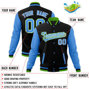 Custom Black Powder Blue Varsity Full-Snap Raglan Sleeves Letterman Baseball Jacket