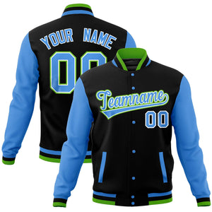 Custom Black Powder Blue Varsity Full-Snap Raglan Sleeves Letterman Baseball Jacket