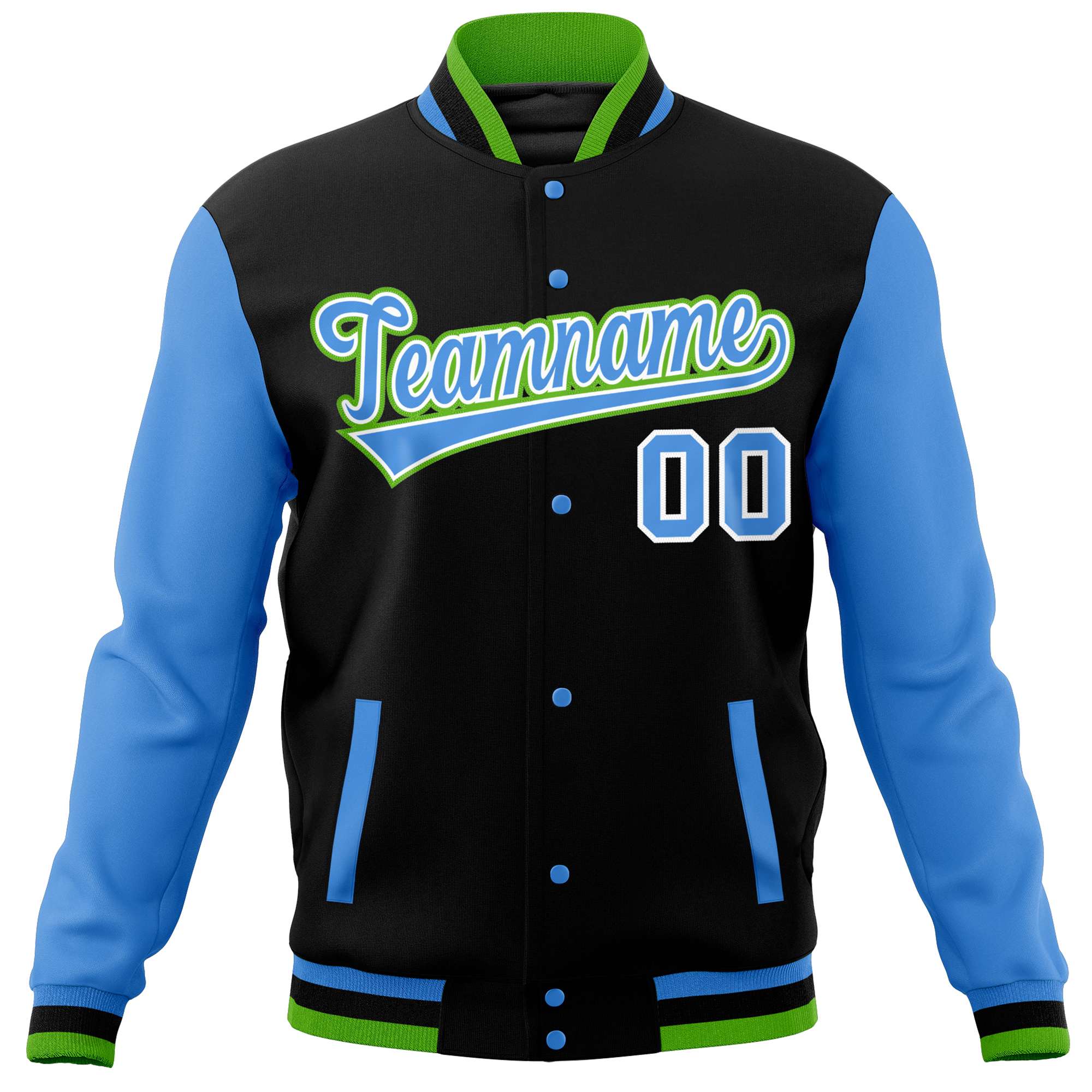 Custom Black Powder Blue Varsity Full-Snap Raglan Sleeves Letterman Baseball Jacket