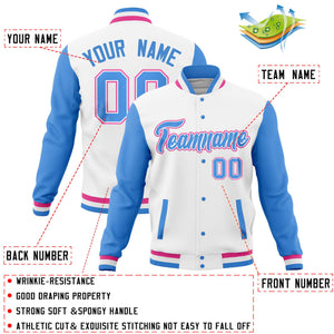 Custom White Powder Blue Varsity Full-Snap Raglan Sleeves Letterman Baseball Jacket