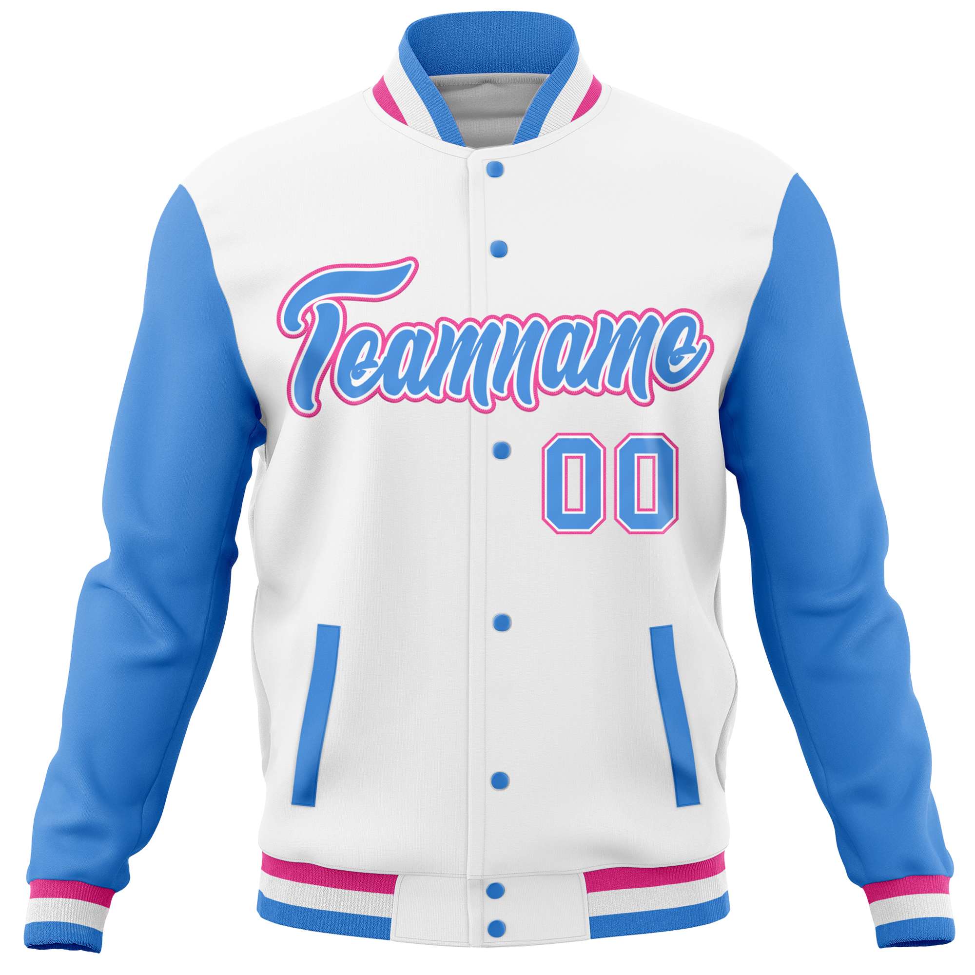 Custom White Powder Blue Varsity Full-Snap Raglan Sleeves Letterman Baseball Jacket