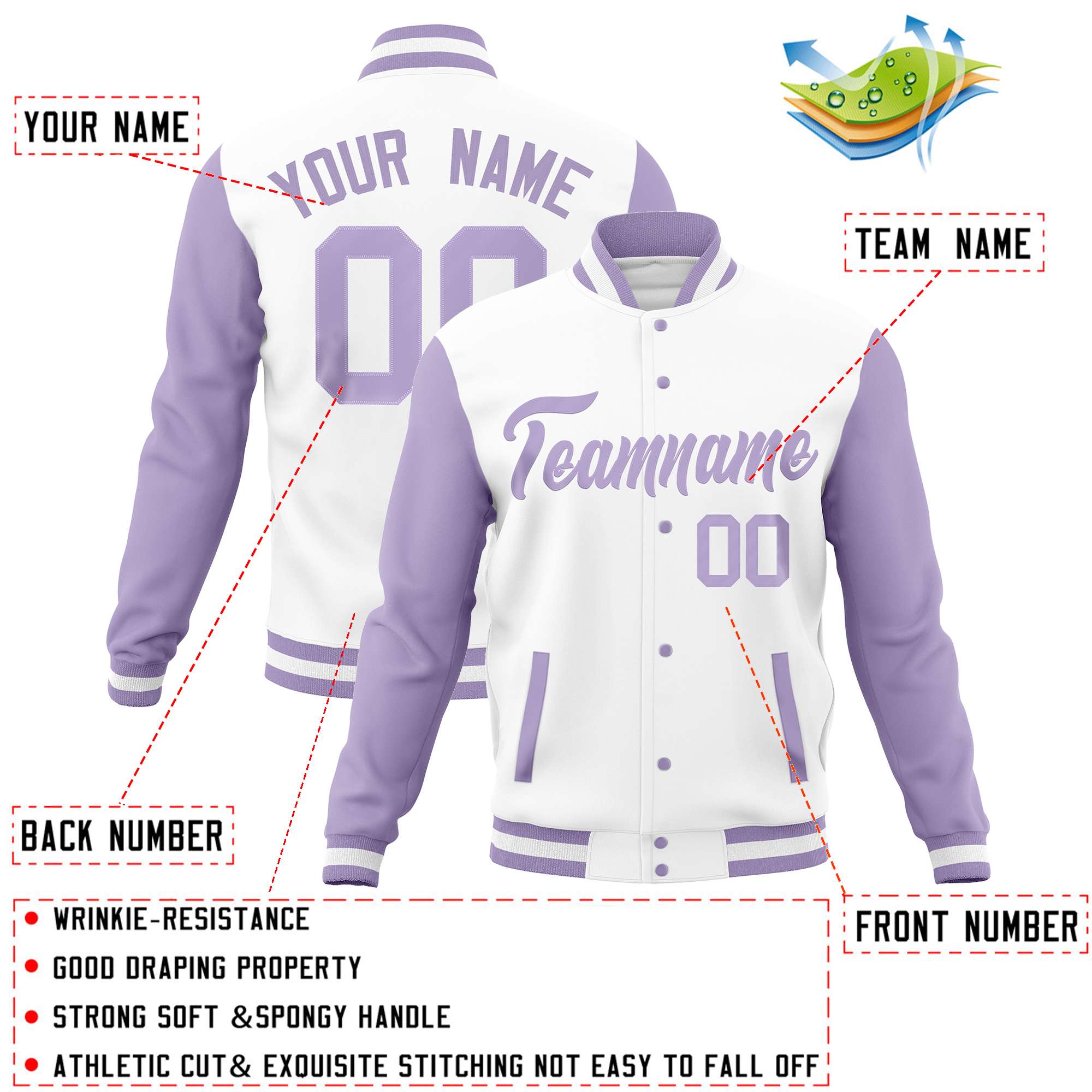 Custom White Light Purple Varsity Full-Snap Raglan Sleeves Letterman Baseball Jacket