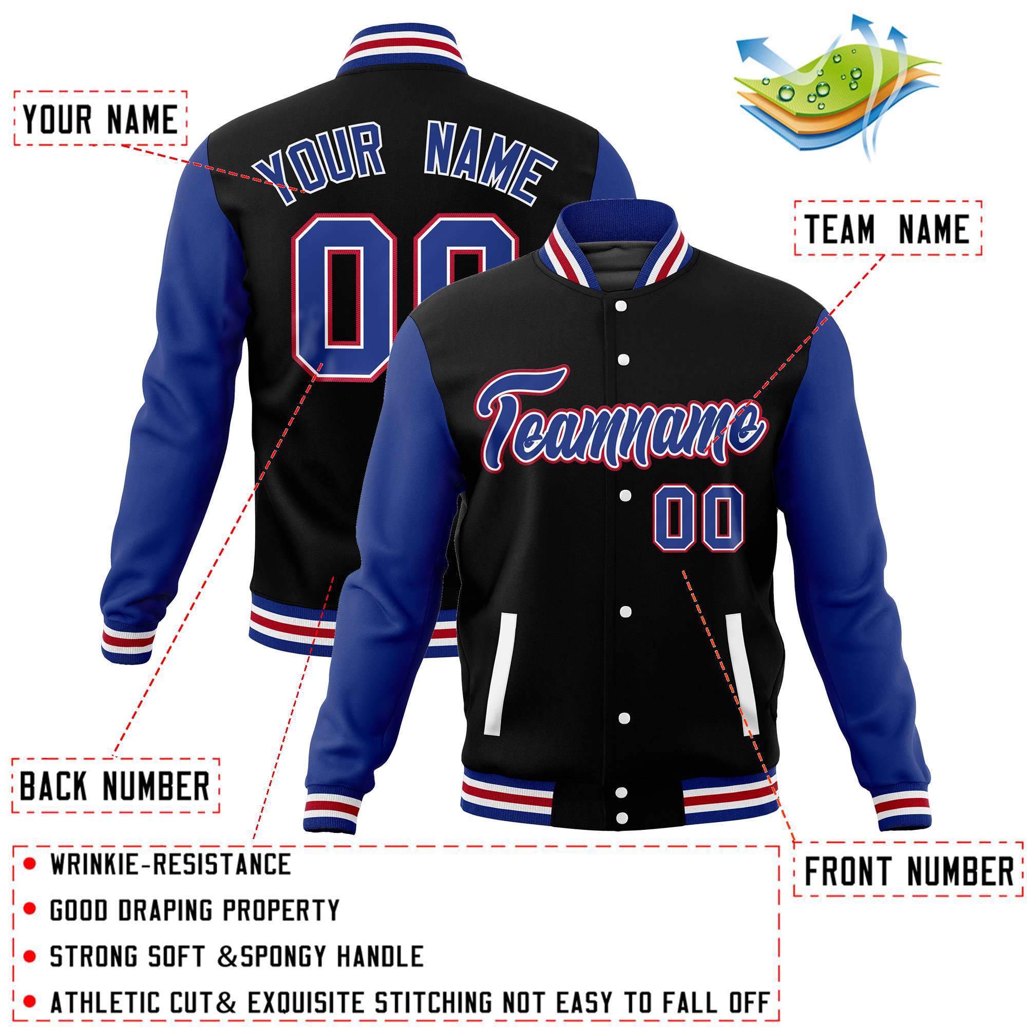 Custom Black Royal Varsity Full-Snap Raglan Sleeves Letterman Baseball Jacket