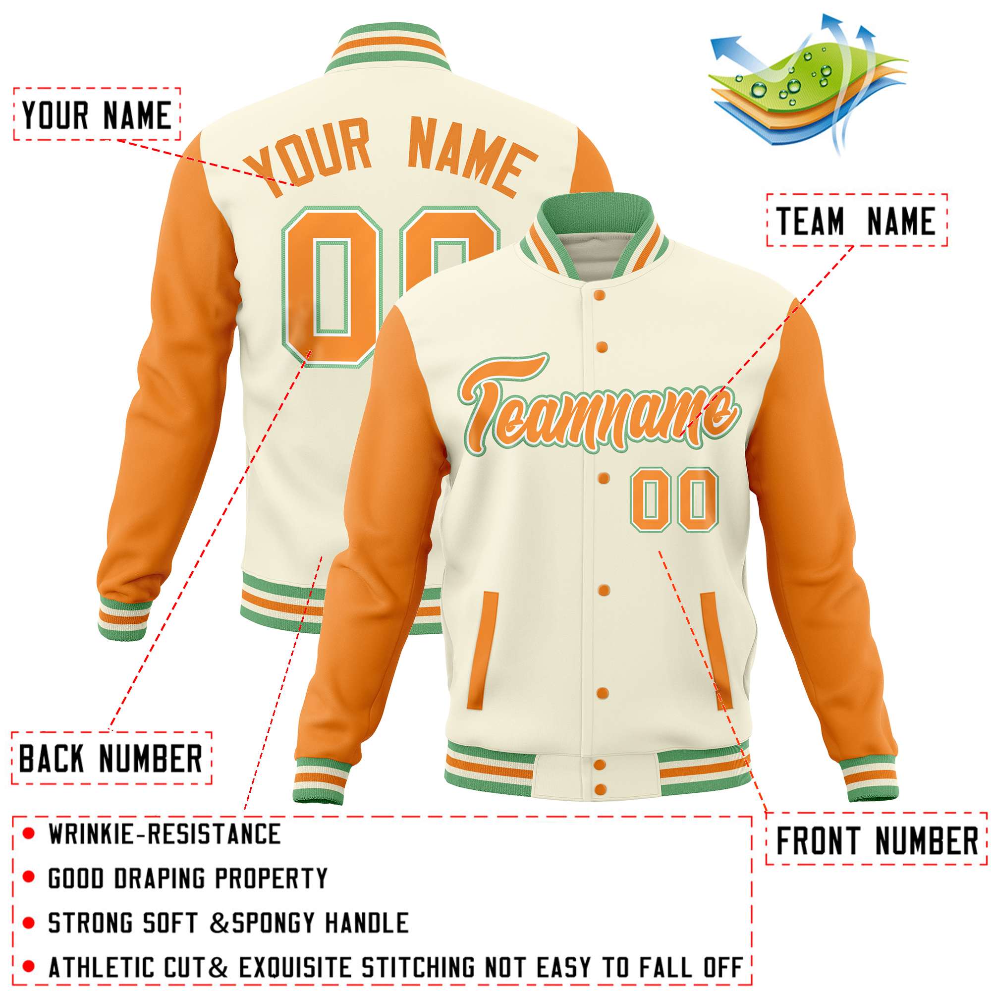 Custom Cream Orange Varsity Full-Snap Raglan Sleeves Letterman Baseball Jacket