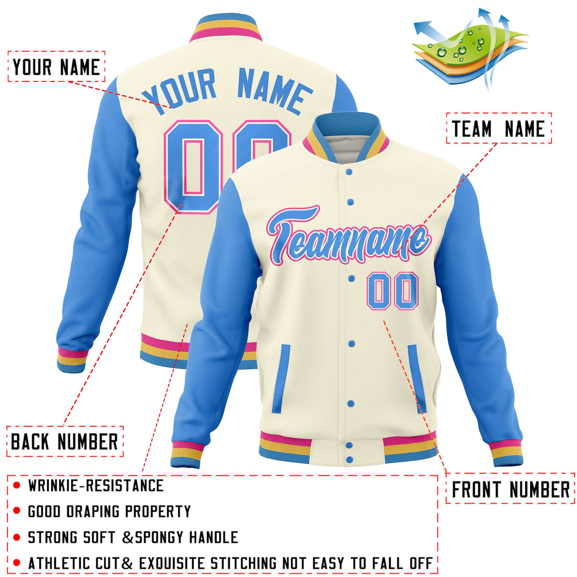 Custom Cream Powder Blue Varsity Full-Snap Raglan Sleeves Letterman Baseball Jacket