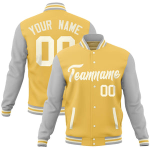 Custom Yellow Light Gray Varsity Full-Snap Raglan Sleeves Letterman Baseball Jacket