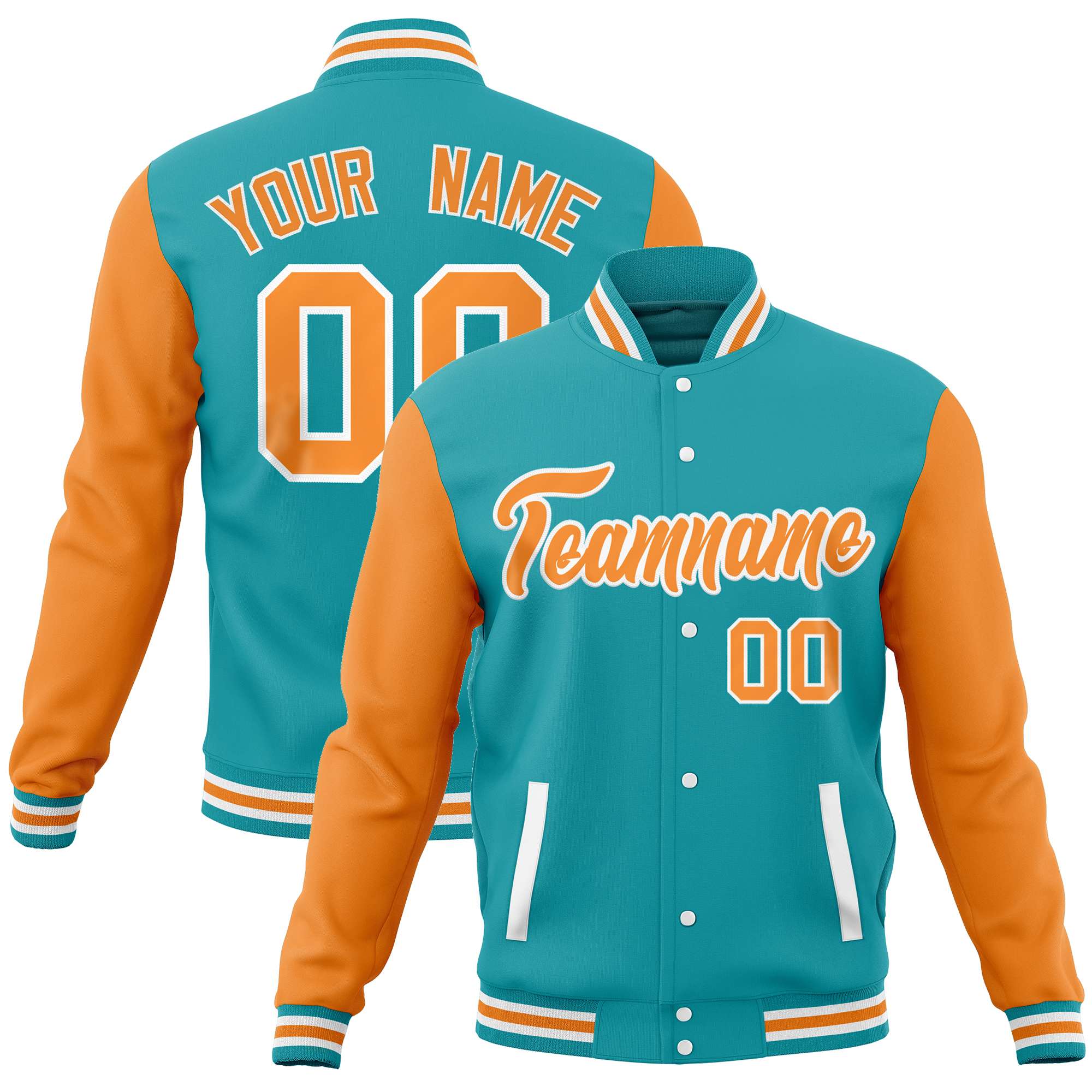 Custom Aqua Orange Varsity Full-Snap Raglan Sleeves Letterman Baseball Jacket