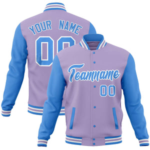 Custom Light Purple Powder Blue Varsity Full-Snap Raglan Sleeves Letterman Baseball Jacket