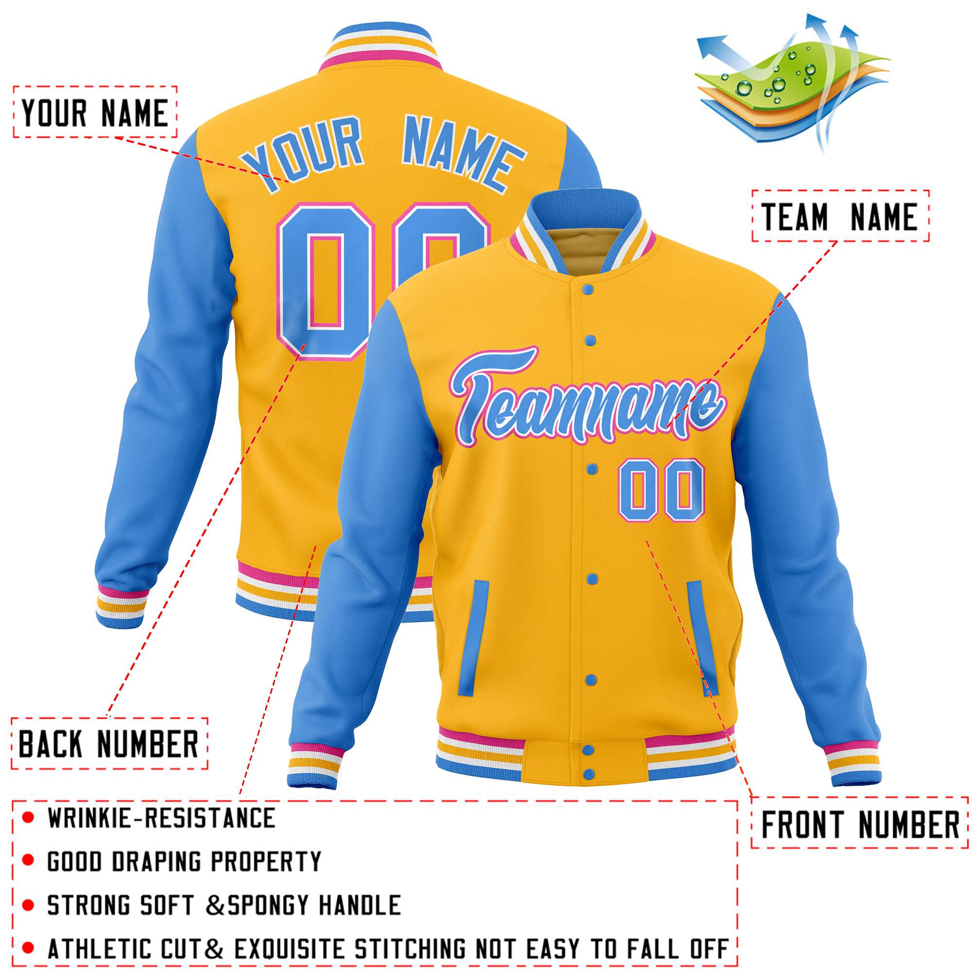 Custom Gold Powder Blue Varsity Full-Snap Raglan Sleeves Letterman Baseball Jacket