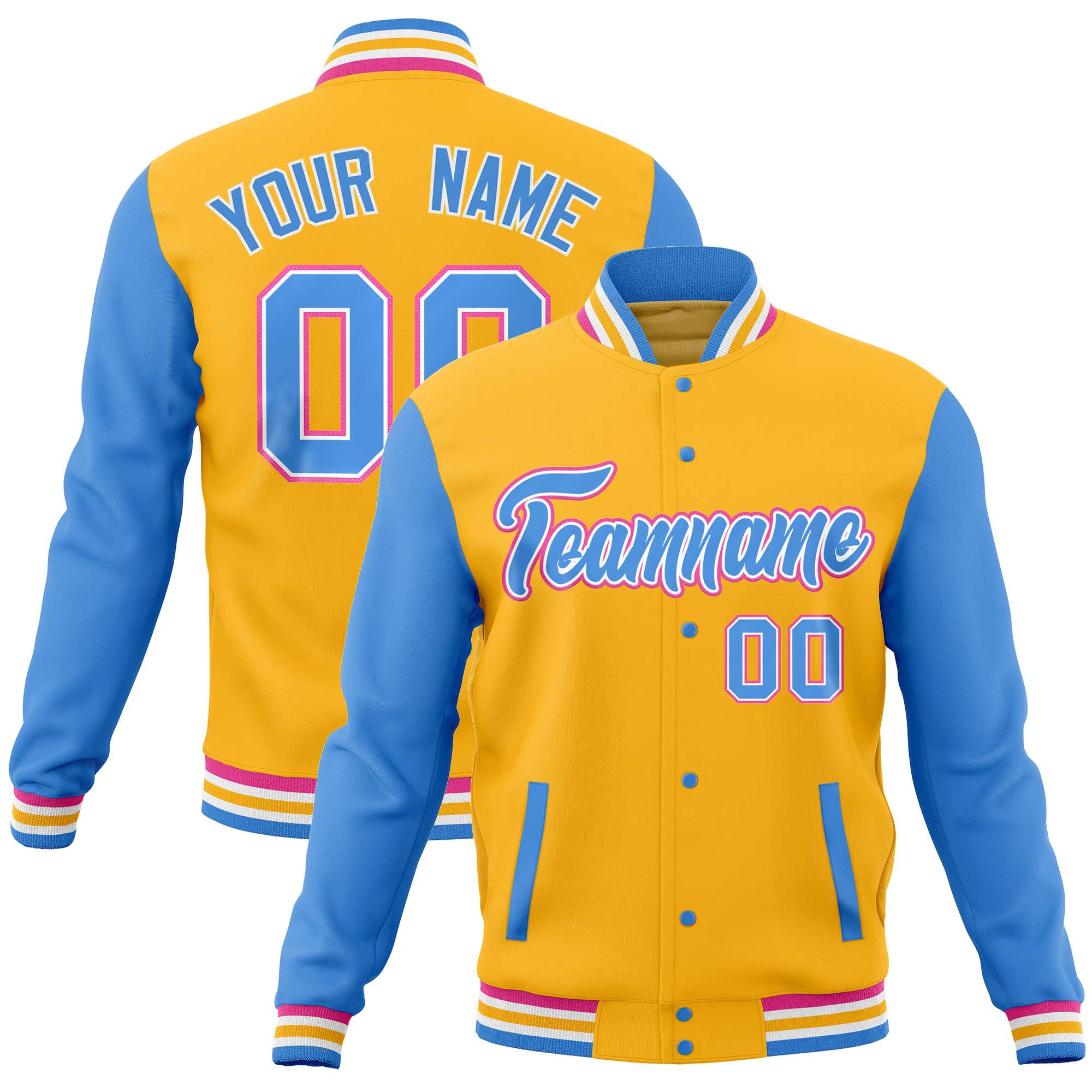 Custom Gold Powder Blue Varsity Full-Snap Raglan Sleeves Letterman Baseball Jacket