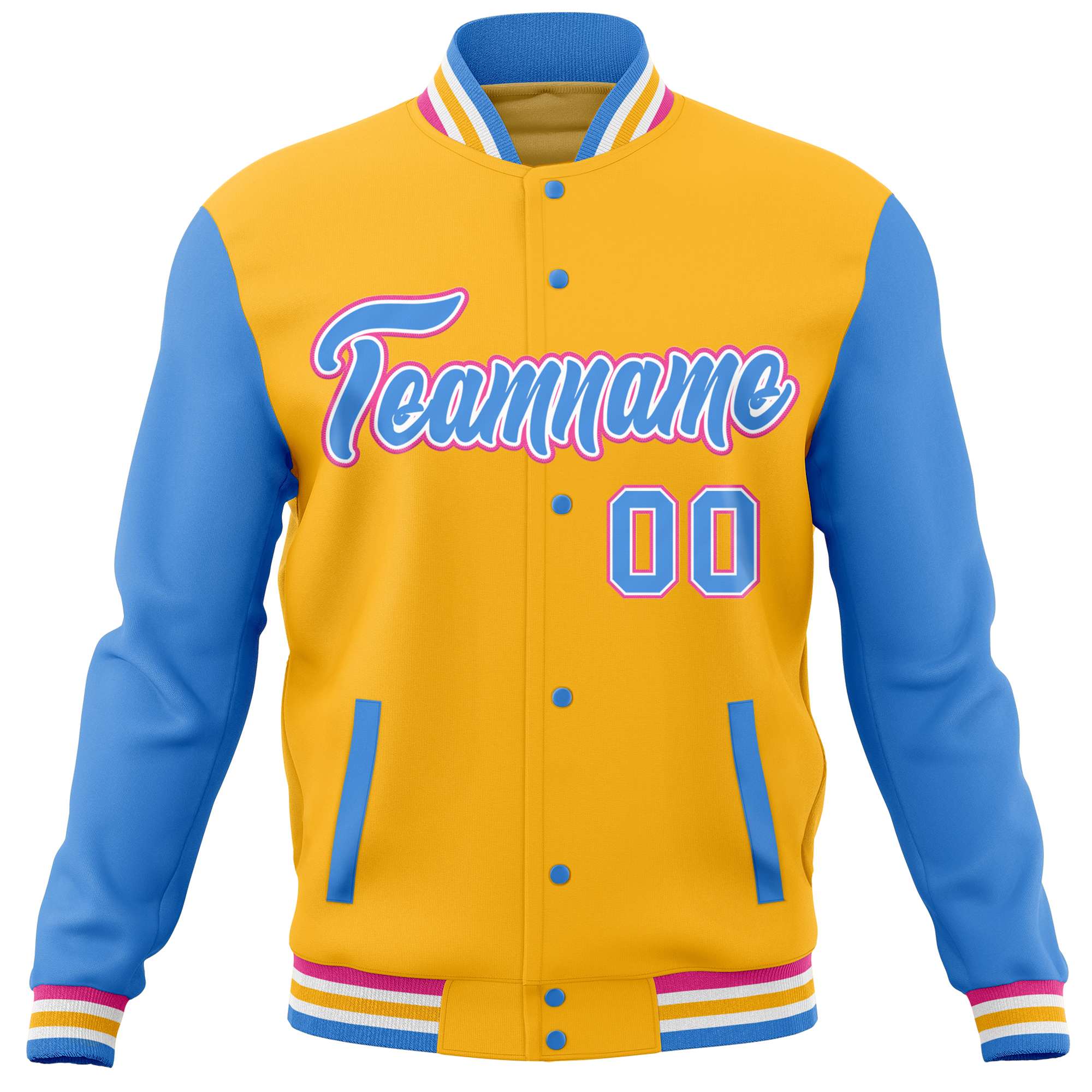 Custom Gold Powder Blue Varsity Full-Snap Raglan Sleeves Letterman Baseball Jacket