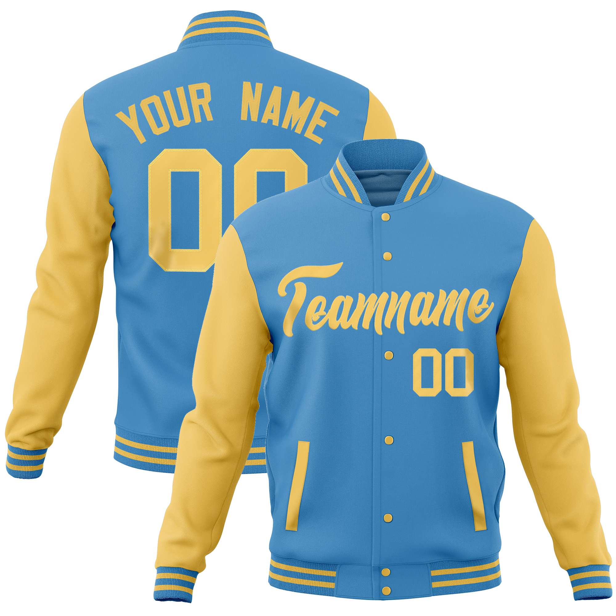 Custom Powder Blue Yellow Varsity Full-Snap Raglan Sleeves Letterman Baseball Jacket