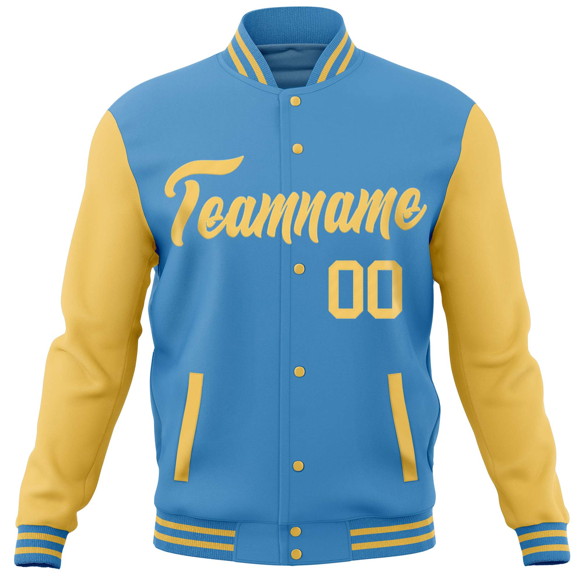 Custom Powder Blue Yellow Varsity Full-Snap Raglan Sleeves Letterman Baseball Jacket