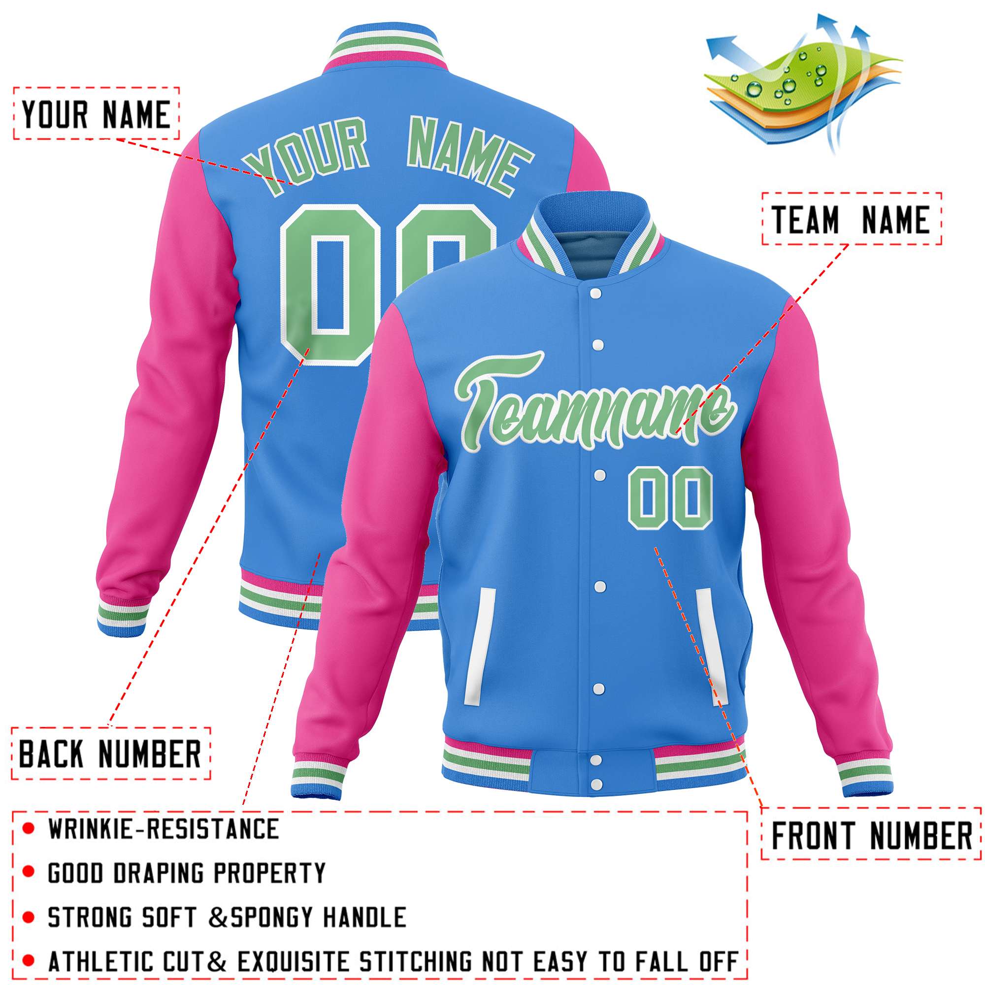 Custom Powder Blue Pink Varsity Full-Snap Raglan Sleeves Letterman Baseball Jacket