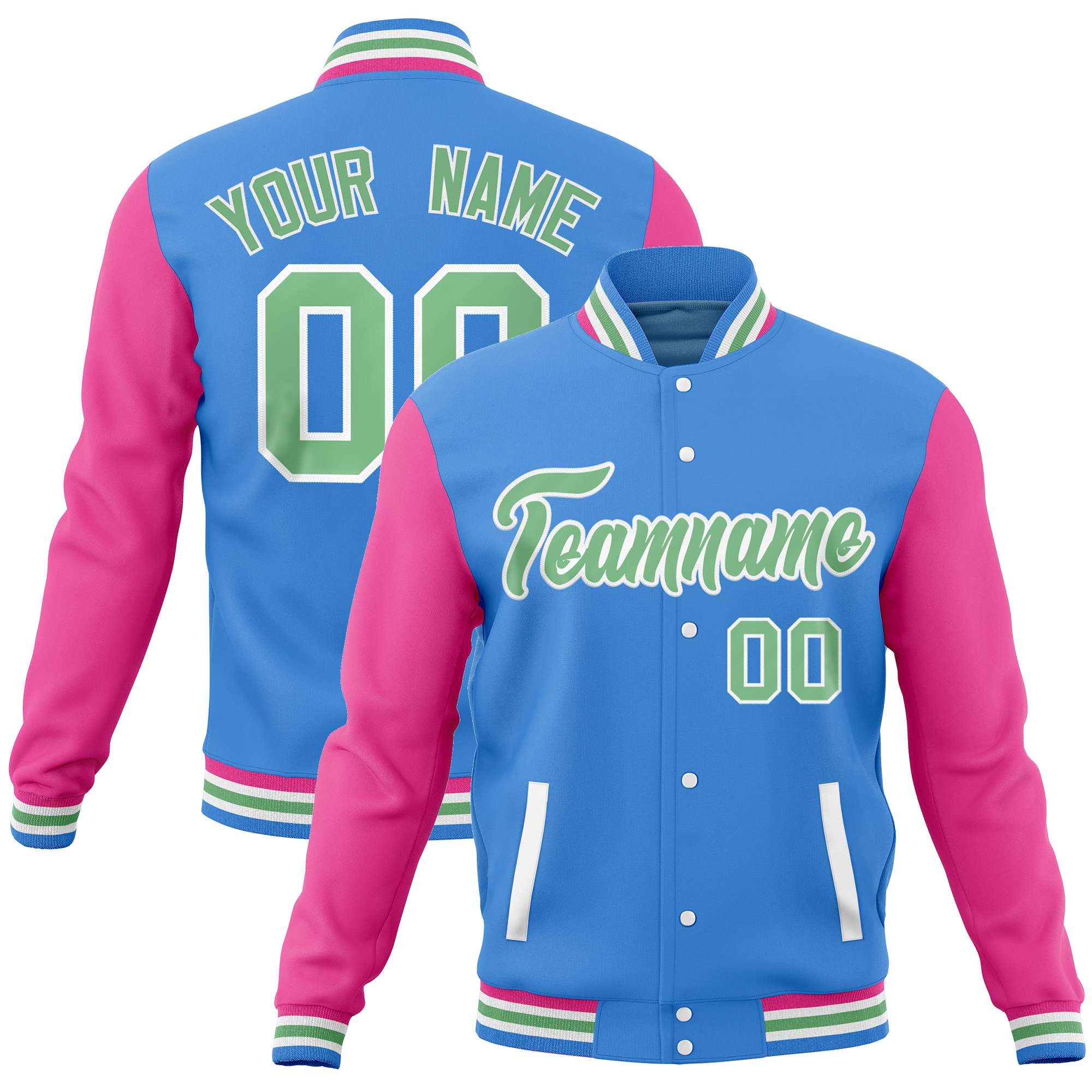 Custom Powder Blue Pink Varsity Full-Snap Raglan Sleeves Letterman Baseball Jacket