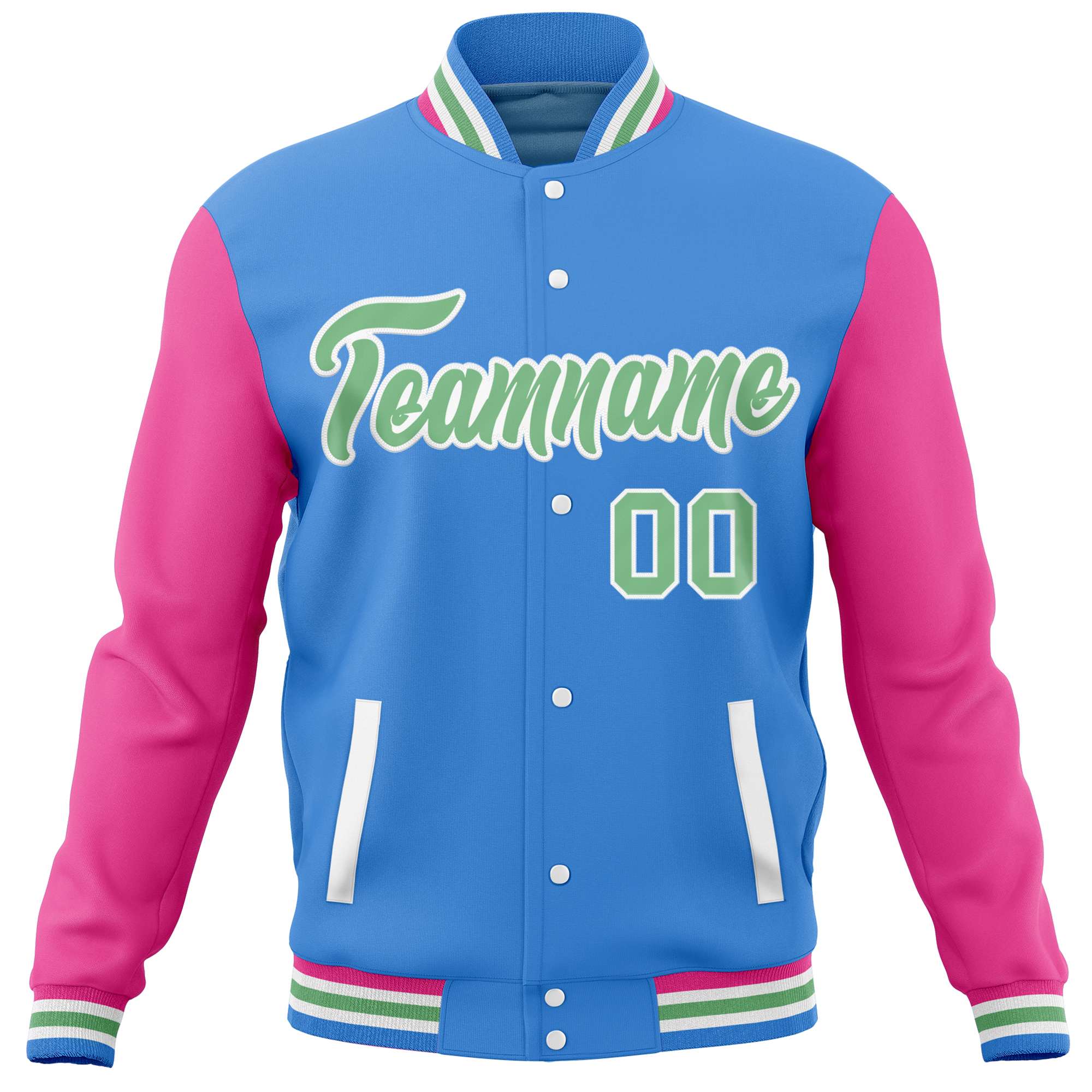 Custom Powder Blue Pink Varsity Full-Snap Raglan Sleeves Letterman Baseball Jacket