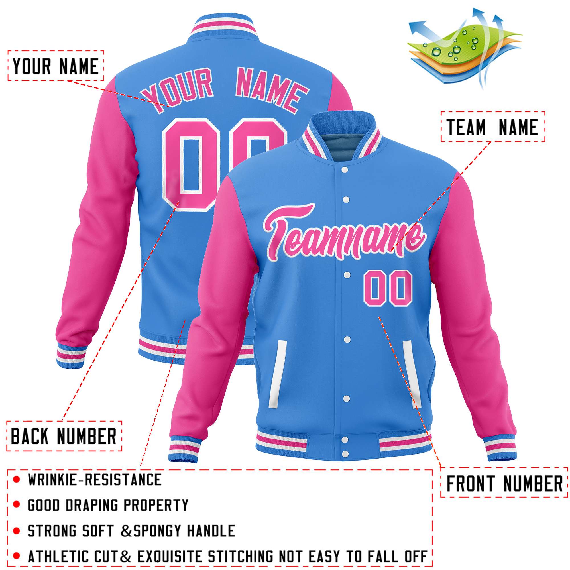 Custom Powder Blue Pink Varsity Full-Snap Raglan Sleeves Letterman Baseball Jacket