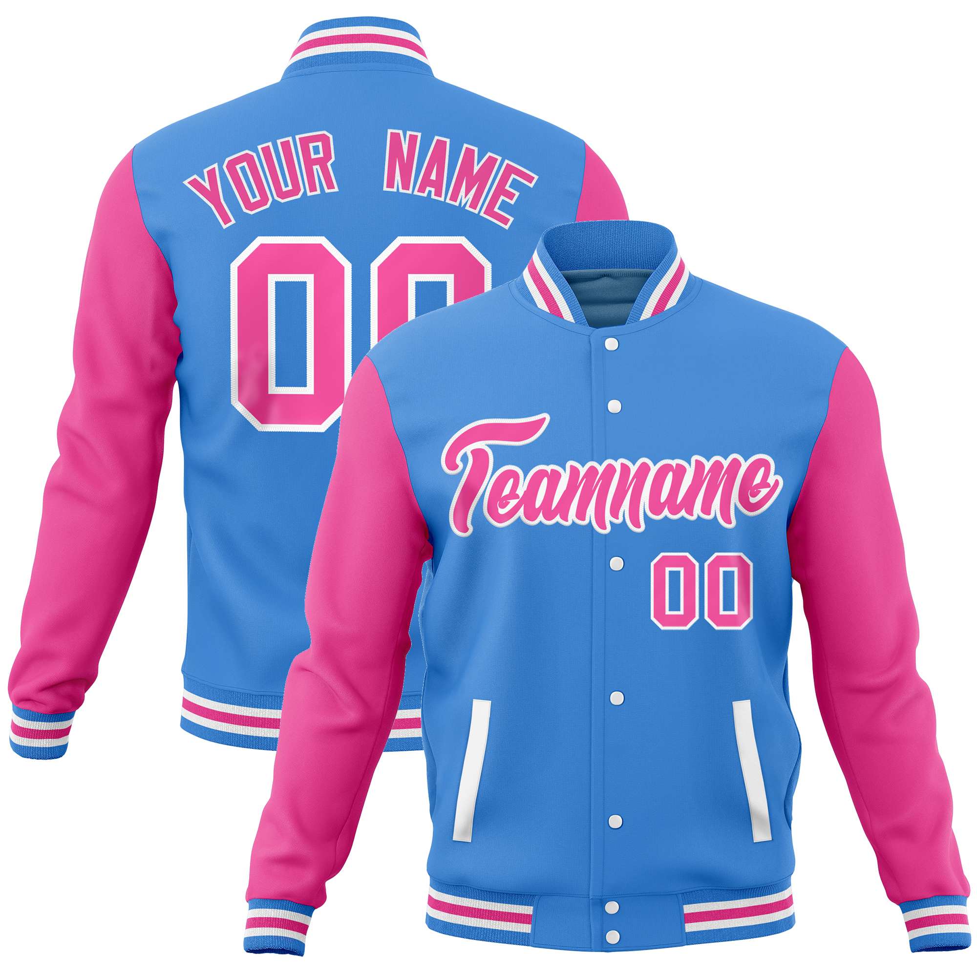 Custom Powder Blue Pink Varsity Full-Snap Raglan Sleeves Letterman Baseball Jacket