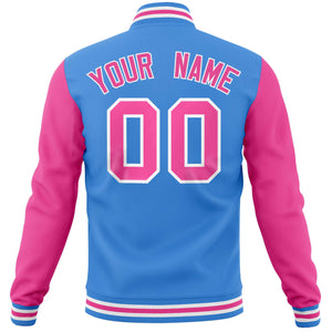 Custom Powder Blue Pink Varsity Full-Snap Raglan Sleeves Letterman Baseball Jacket