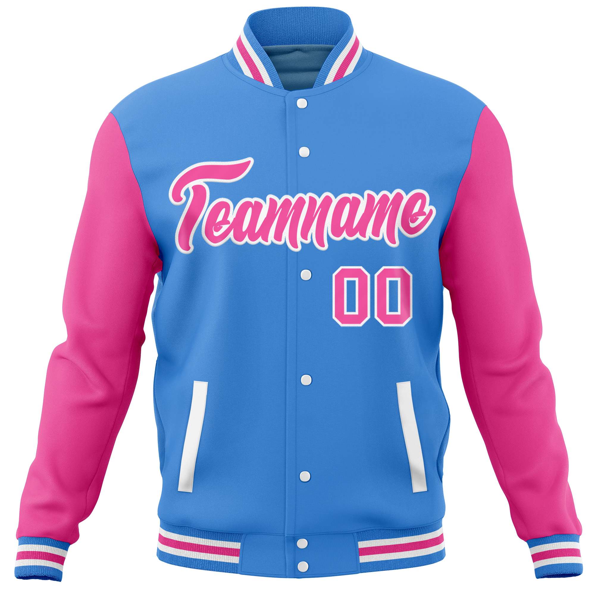 Custom Powder Blue Pink Varsity Full-Snap Raglan Sleeves Letterman Baseball Jacket