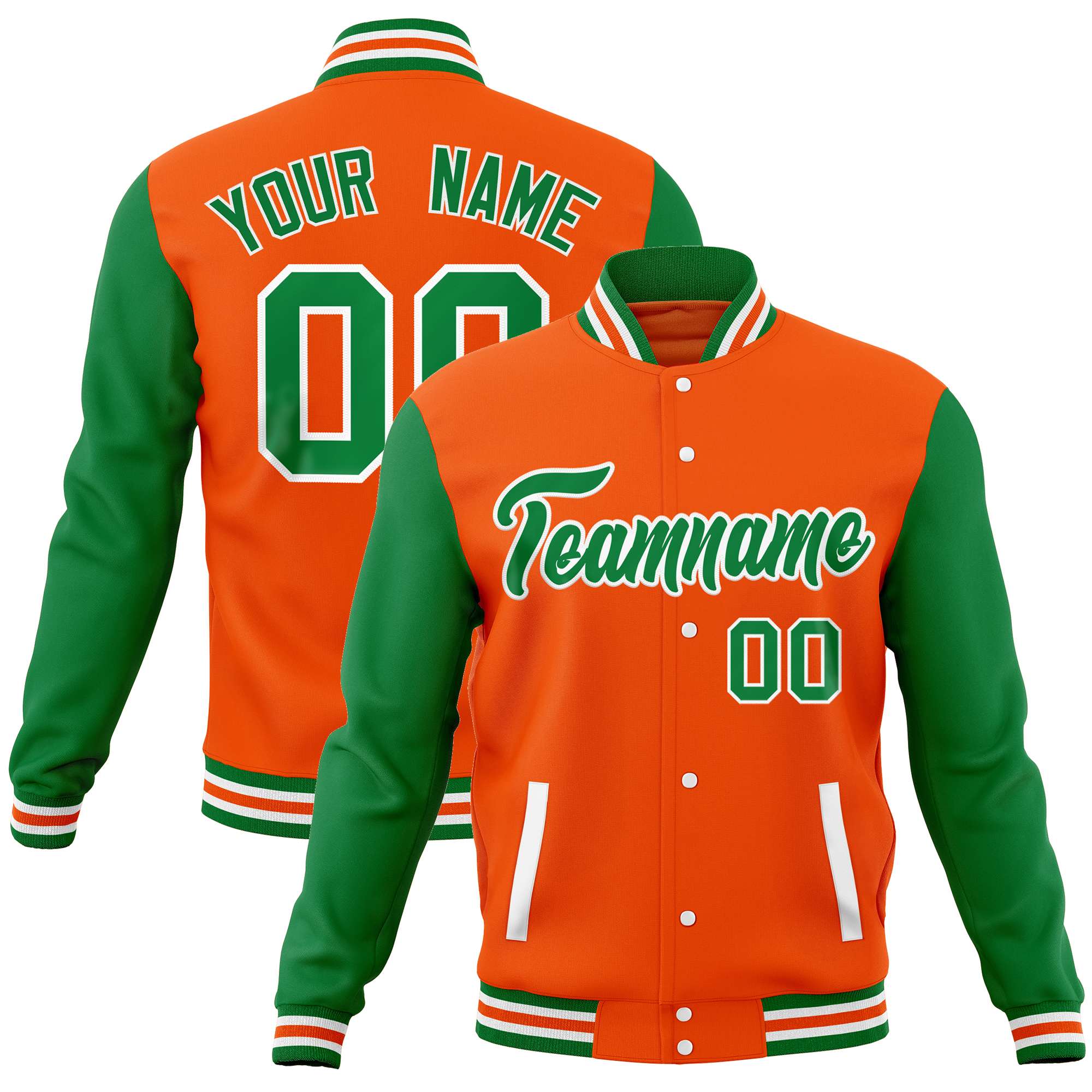 Custom Orange Kelly Green Varsity Full-Snap Raglan Sleeves Letterman Baseball Jacket