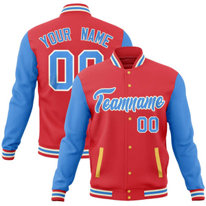 Custom Light Red Powder Blue Varsity Full-Snap Raglan Sleeves Letterman Baseball Jacket