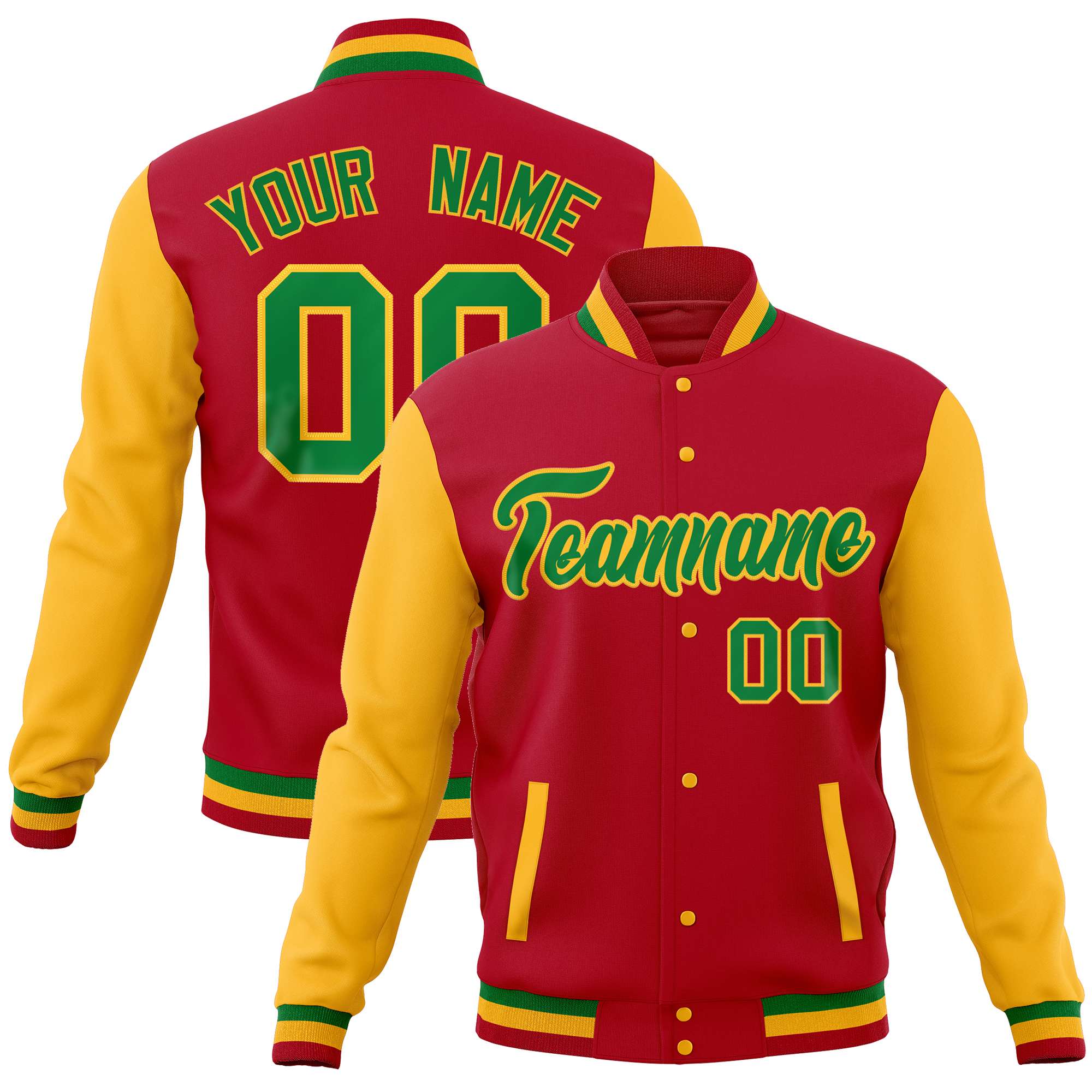 Custom Red Gold Varsity Full-Snap Raglan Sleeves Letterman Baseball Jacket