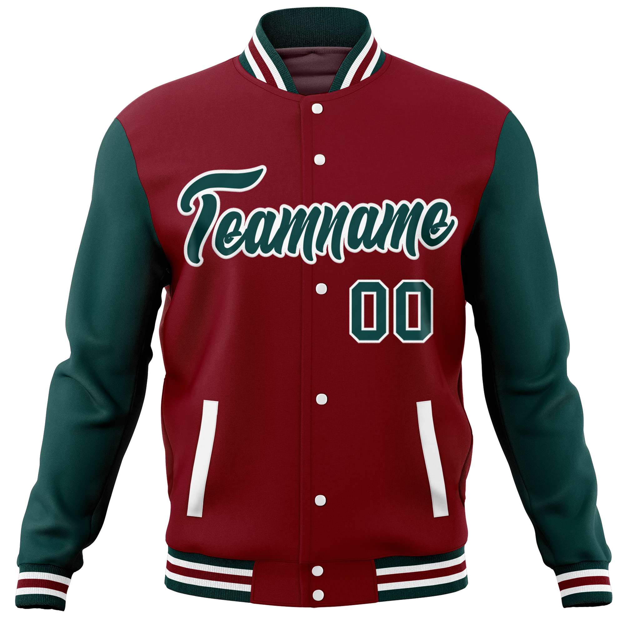 Custom Crimson Midnight Green Varsity Full-Snap Raglan Sleeves Letterman Baseball Jacket