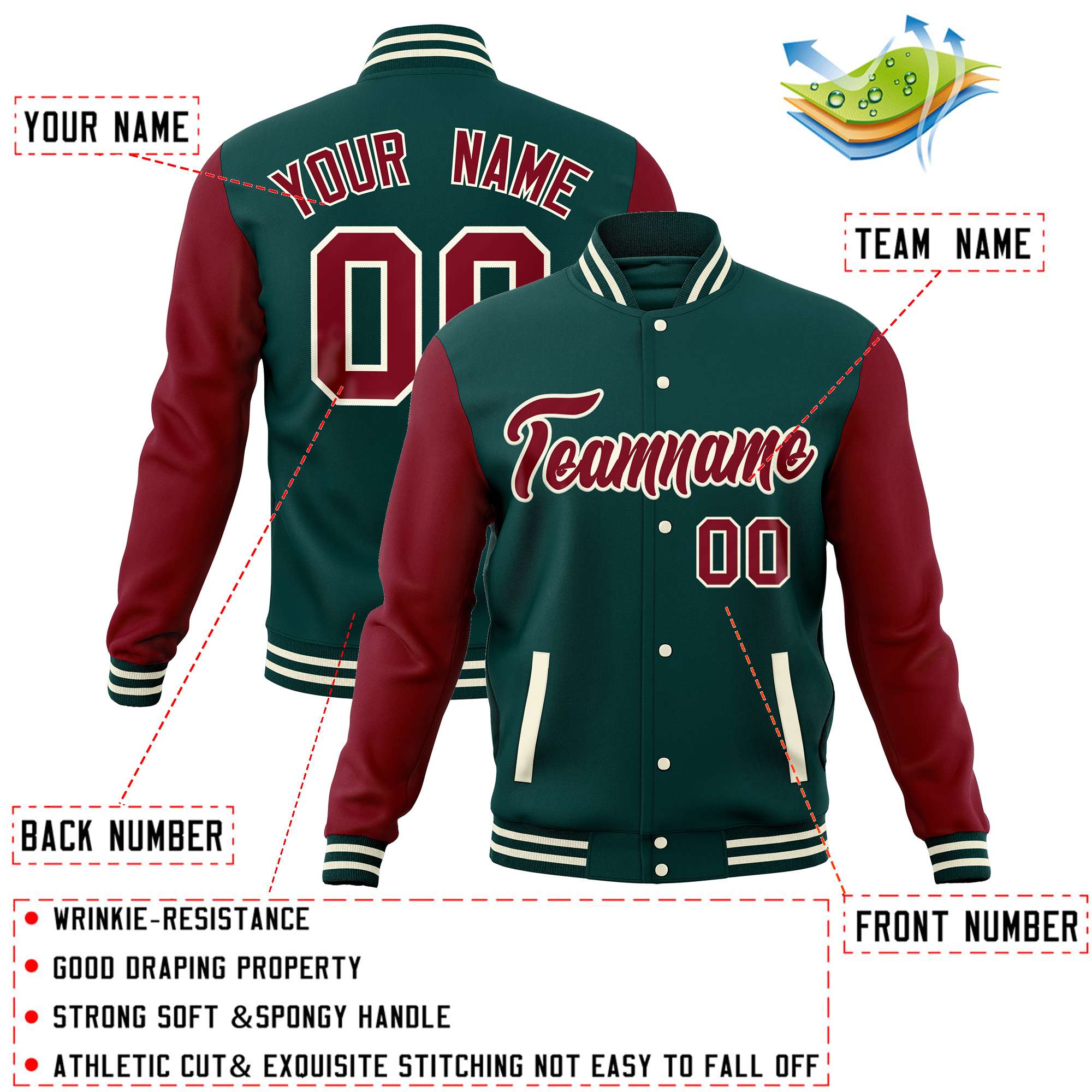 Custom Midnight Green Crimson Varsity Full-Snap Raglan Sleeves Letterman Baseball Jacket