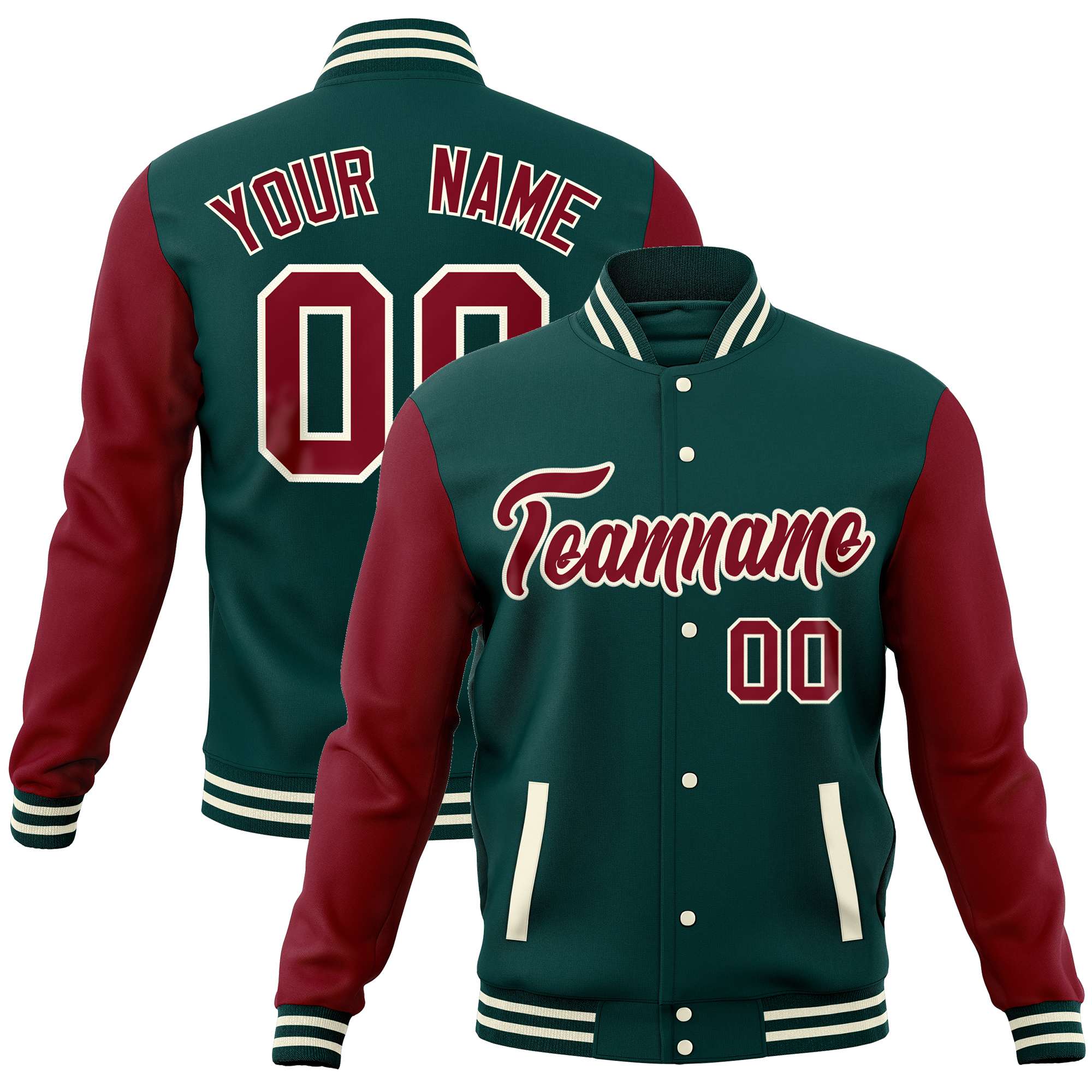 Custom Midnight Green Crimson Varsity Full-Snap Raglan Sleeves Letterman Baseball Jacket