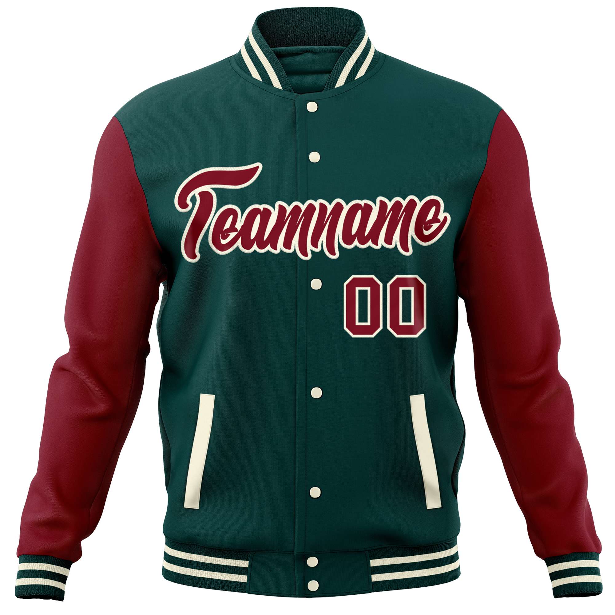 Custom Midnight Green Crimson Varsity Full-Snap Raglan Sleeves Letterman Baseball Jacket