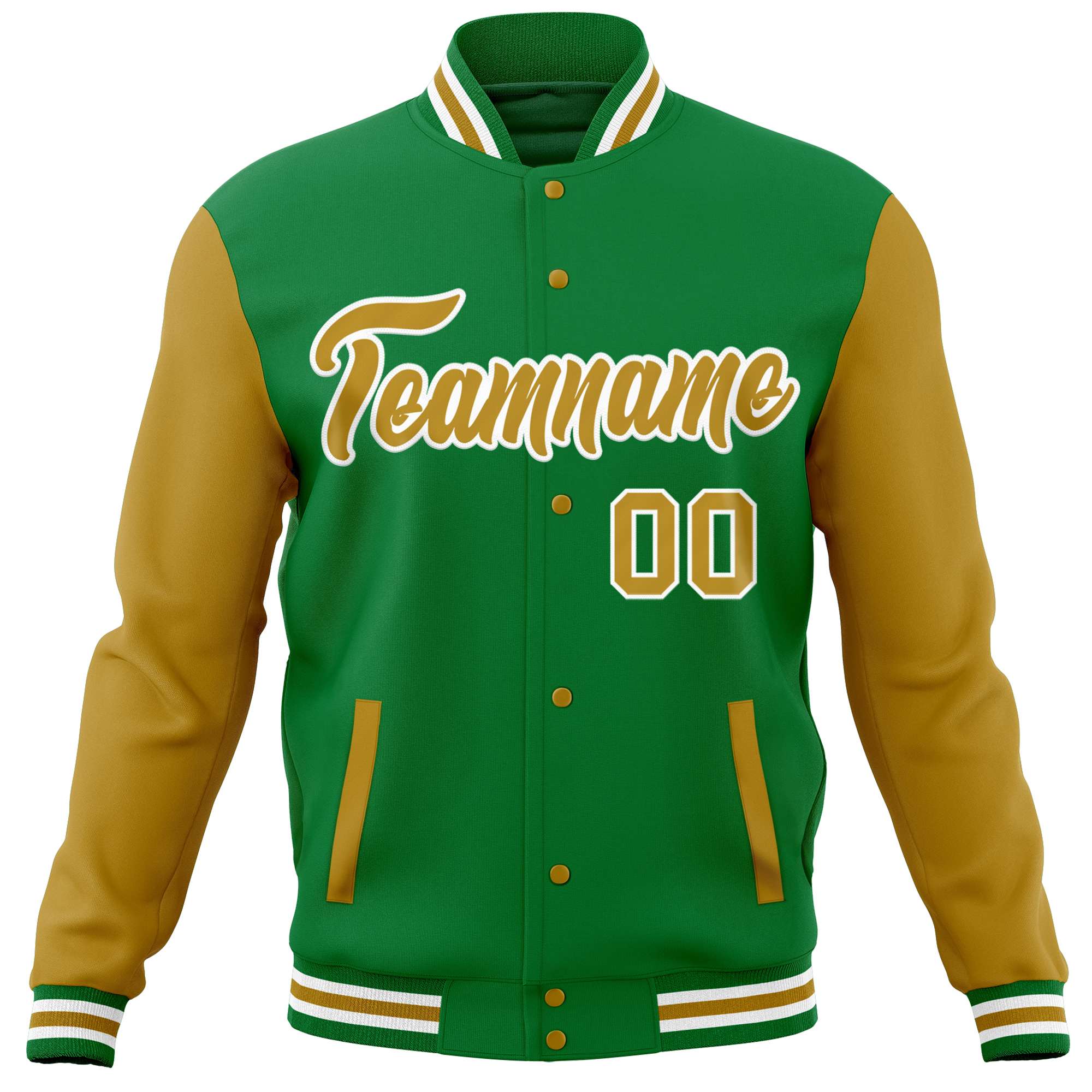 Custom Kelly Green Old Gold Varsity Full-Snap Raglan Sleeves Letterman Baseball Jacket