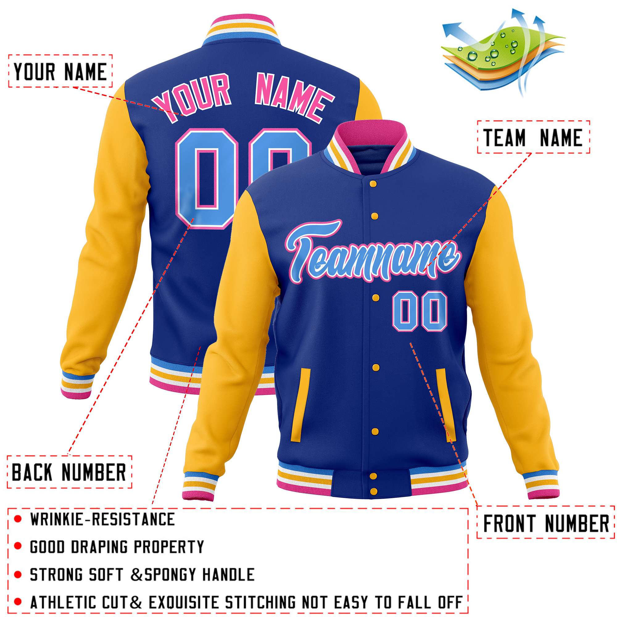 Custom Royal Gold Varsity Full-Snap Raglan Sleeves Letterman Baseball Jacket