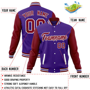 Custom Purple Crimson Varsity Full-Snap Raglan Sleeves Letterman Baseball Jacket