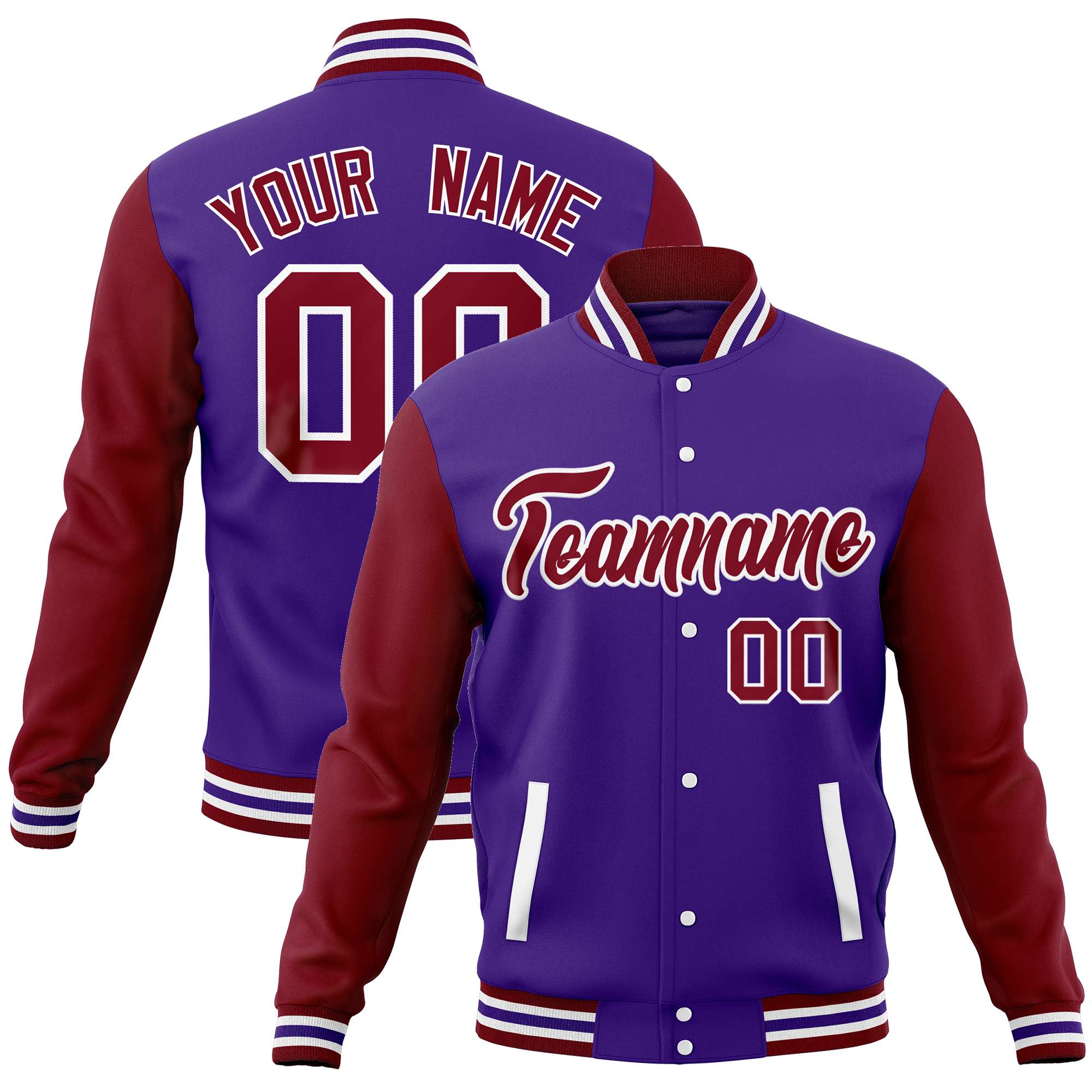 Custom Purple Crimson Varsity Full-Snap Raglan Sleeves Letterman Baseball Jacket