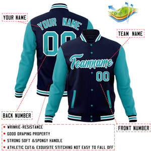 Custom Navy Aqua Varsity Full-Snap Raglan Sleeves Letterman Baseball Jacket