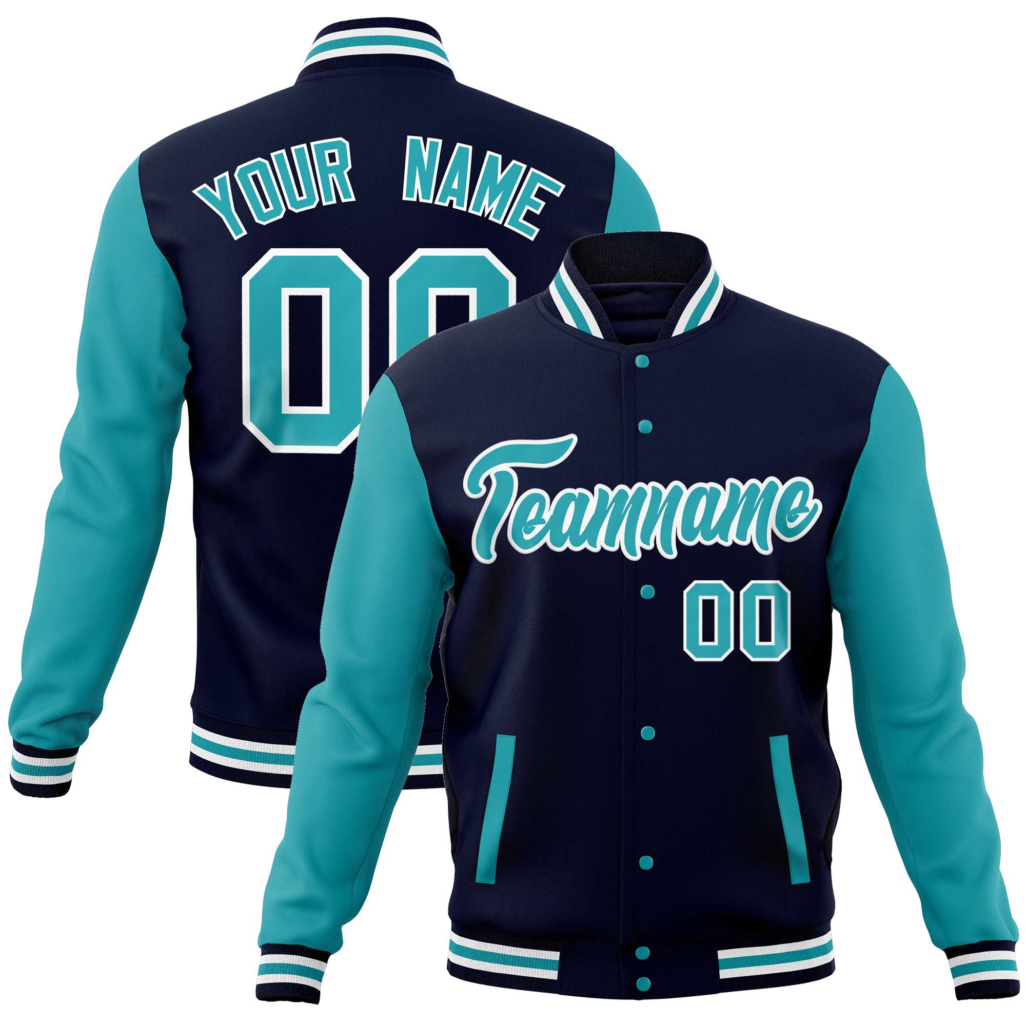 Custom Navy Aqua Varsity Full-Snap Raglan Sleeves Letterman Baseball Jacket