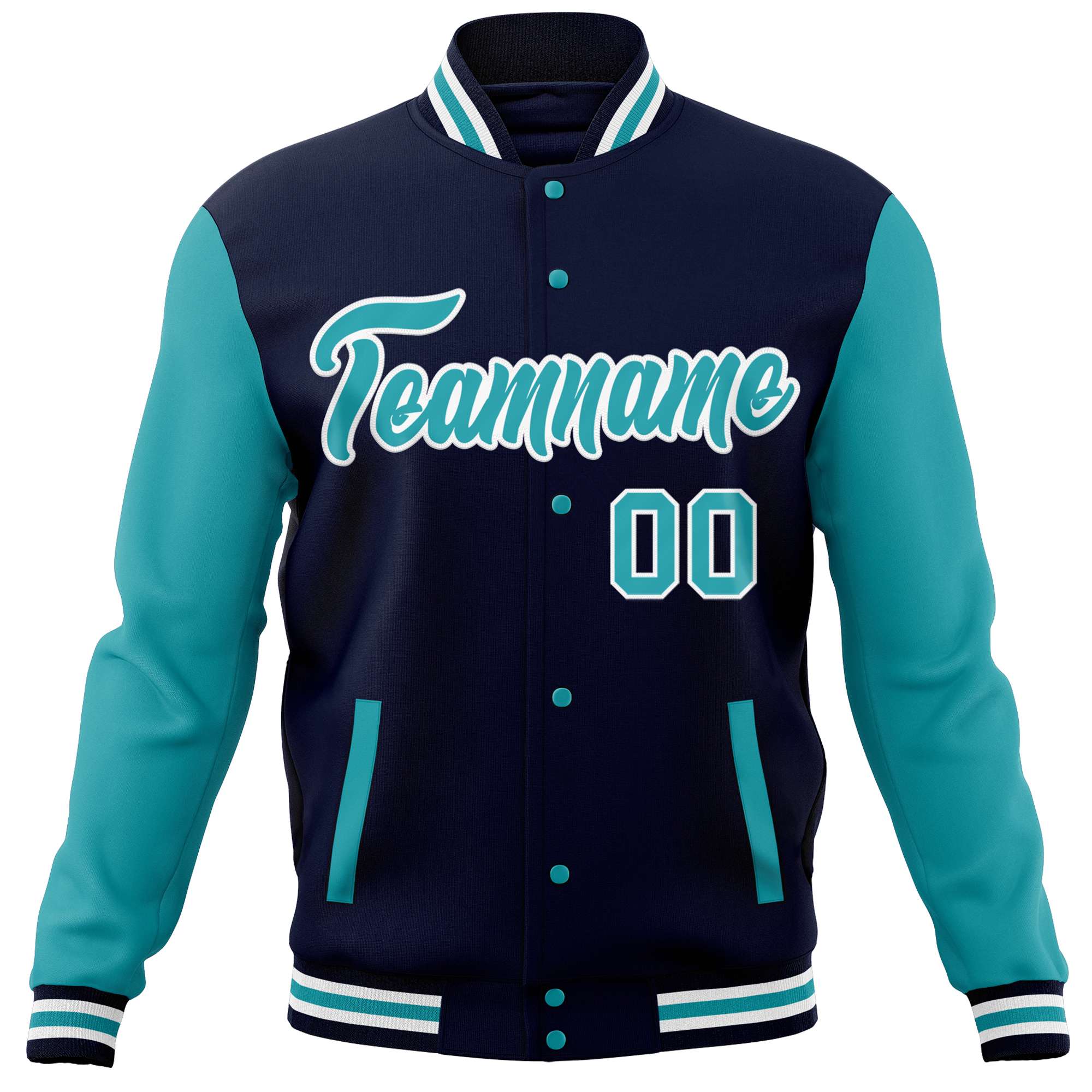 Custom Navy Aqua Varsity Full-Snap Raglan Sleeves Letterman Baseball Jacket